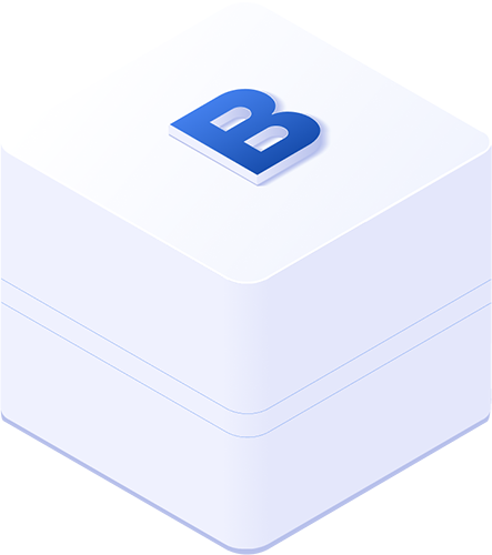 White rounded-corner cube with a blue 'B' logo on its top face, set against a pale blue gradient background.
