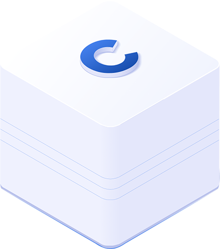 3D white cube with a blue circular G-like logo on the top face, against a pale blue gradient.
