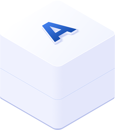 3D blue letter A resting on a white rounded-corner cube, against a pale background (logo-like image).
