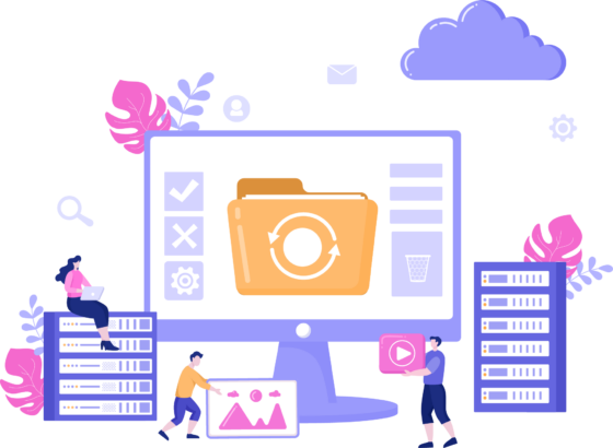 Illustration of cloud storage and data backup: a monitor showing a syncing folder, with servers and cloud icons around it.