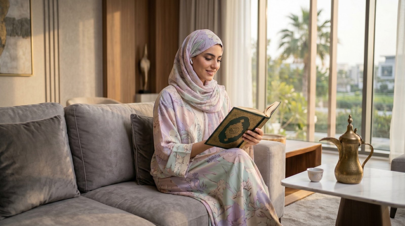 Woman in a pastel floral hijab reads the Quran on a gray sofa in a bright living room.
