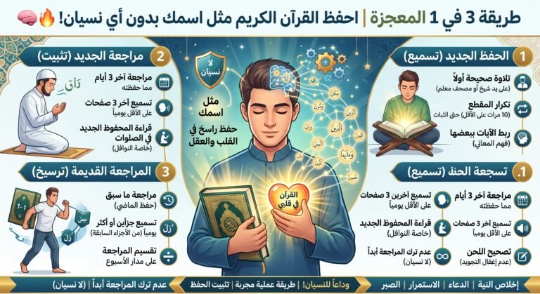 طريقة 3 في 1 المعجزة | كيف تحفظ القرآن الكريم مثل اسمك؟ بدون أي نسيان! 🧠🔥