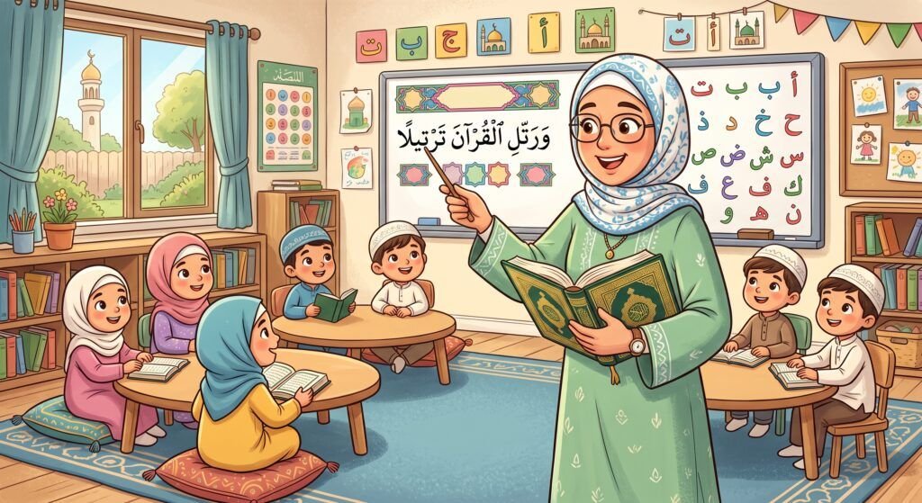 صورة كارتون لمعلمة قرانش — أكاديمية قرآن ويب